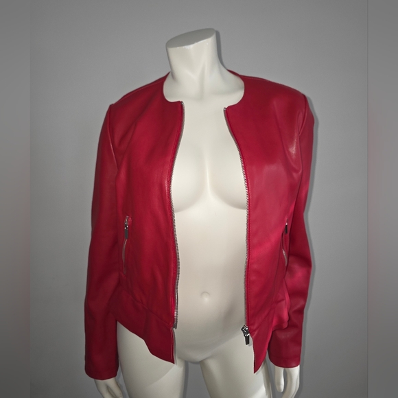 Zara Vibrant Red Vinyl Leather Jacket With Ruffle S Bikercore - Picture 8 of 11
